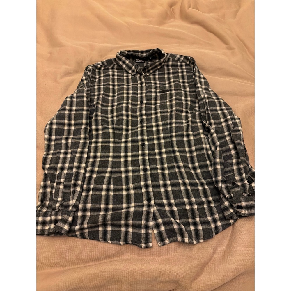 Women's Indian Motorcycle Womens Plaid Flannel Shirt Black Grey White L